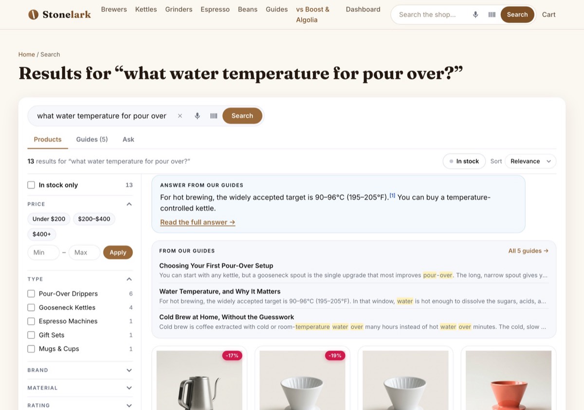 SearchSmith answering “what water temperature for pour over?” with a cited answer giving 90–96°C (195–205°F), a numbered citation, and the matching guides below.