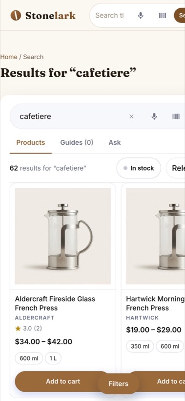 SearchSmith running on a phone: the query “cafetiere” returning French presses through a synonym rule, with filters and product cards.